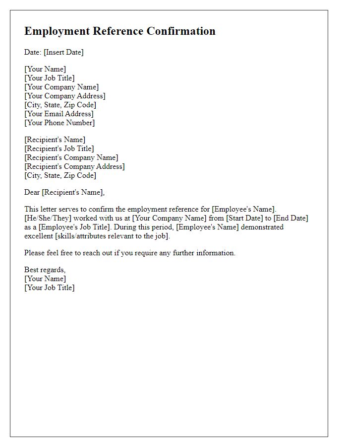 Letter template of employment reference confirmation.