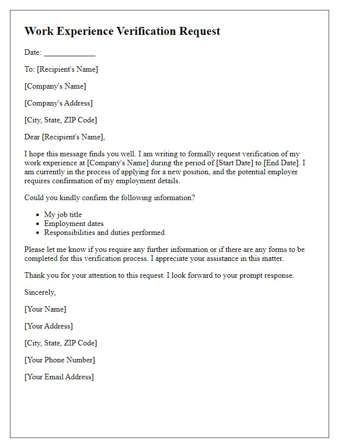 Letter template of work experience verification request.