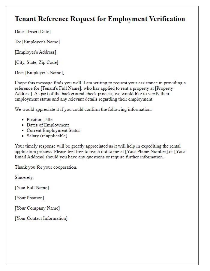 Letter template of tenant reference request for employment verification.