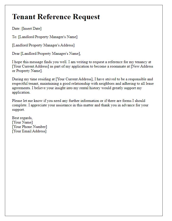 Letter template of tenant reference request for roommate application.