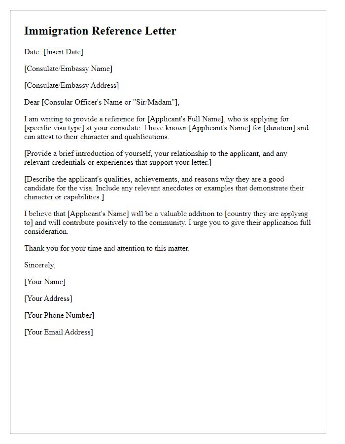 Letter template of immigration reference for consular processing