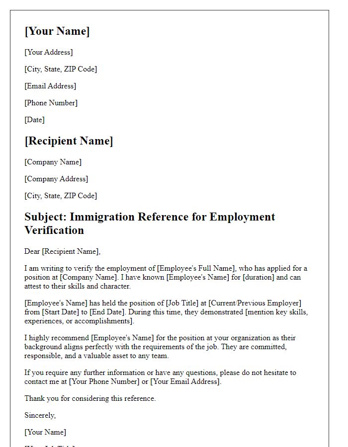 Letter template of immigration reference for employment verification