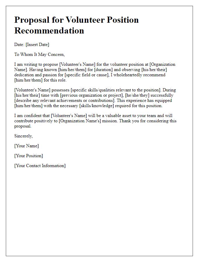 Letter template of proposal for volunteer position recommendation