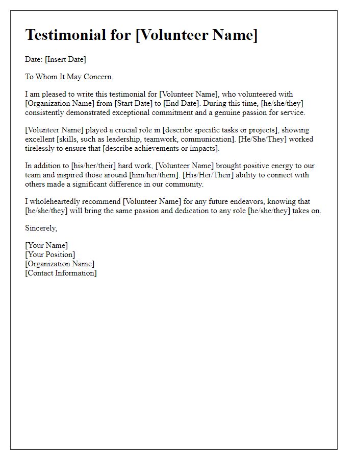 Letter template of testimonial for volunteer position