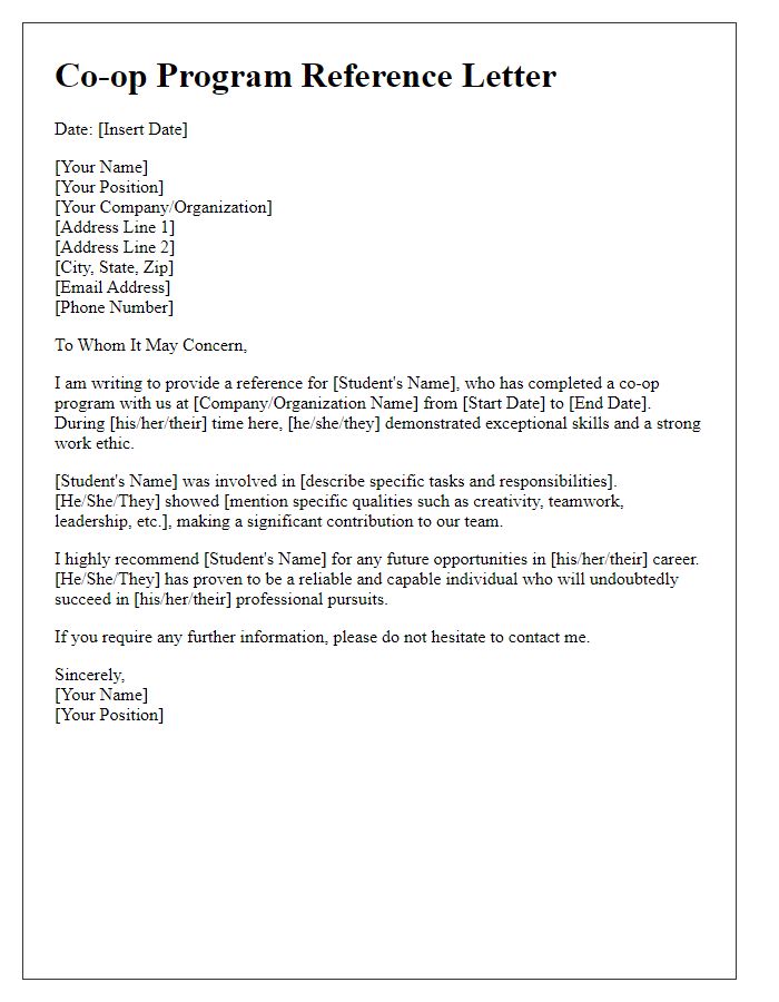 Letter template of co-op program reference for career services office