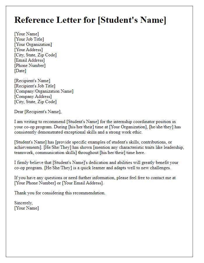 Letter template of co-op program reference for internship coordinator