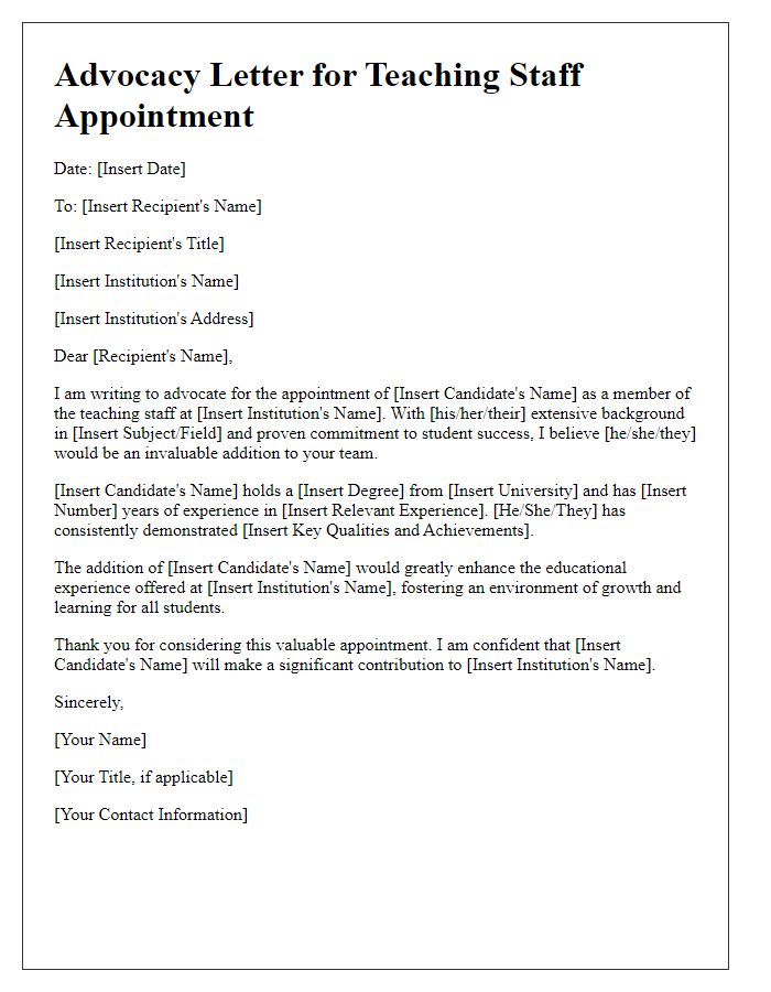 Letter template of advocacy for teaching staff appointment