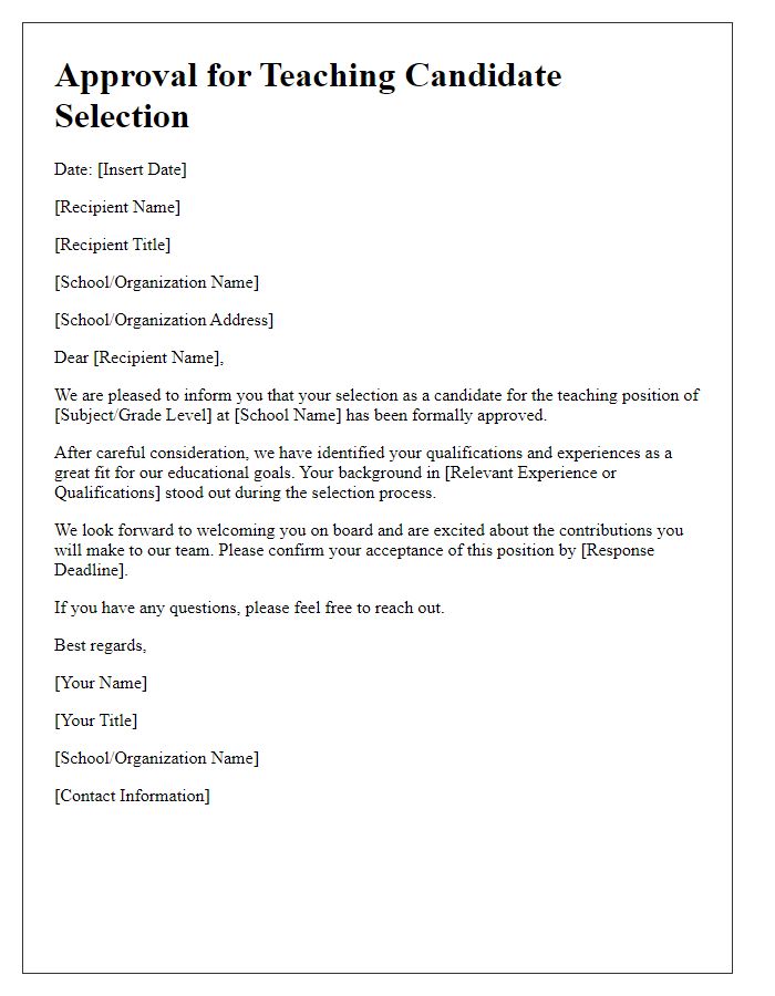 Letter template of approval for teaching candidate selection