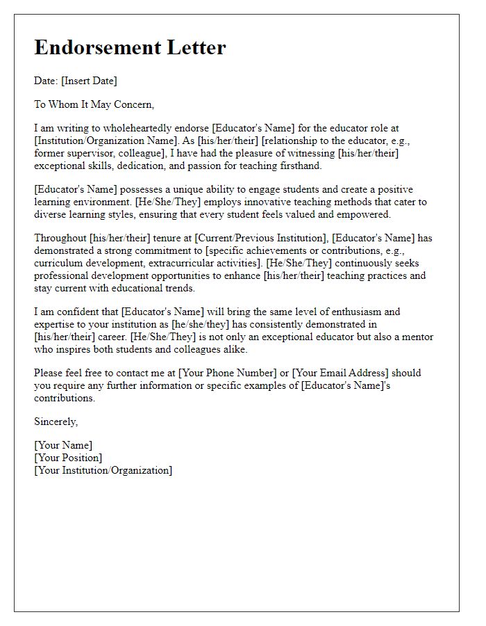 Letter template of endorsement for educator role