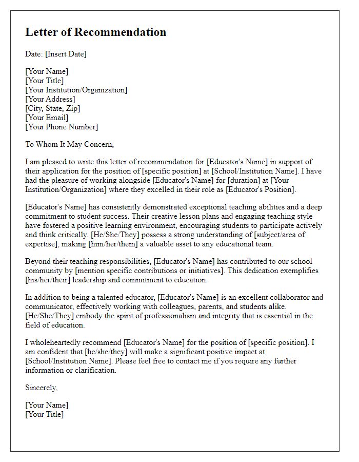 Letter template of recommendation for educator hiring