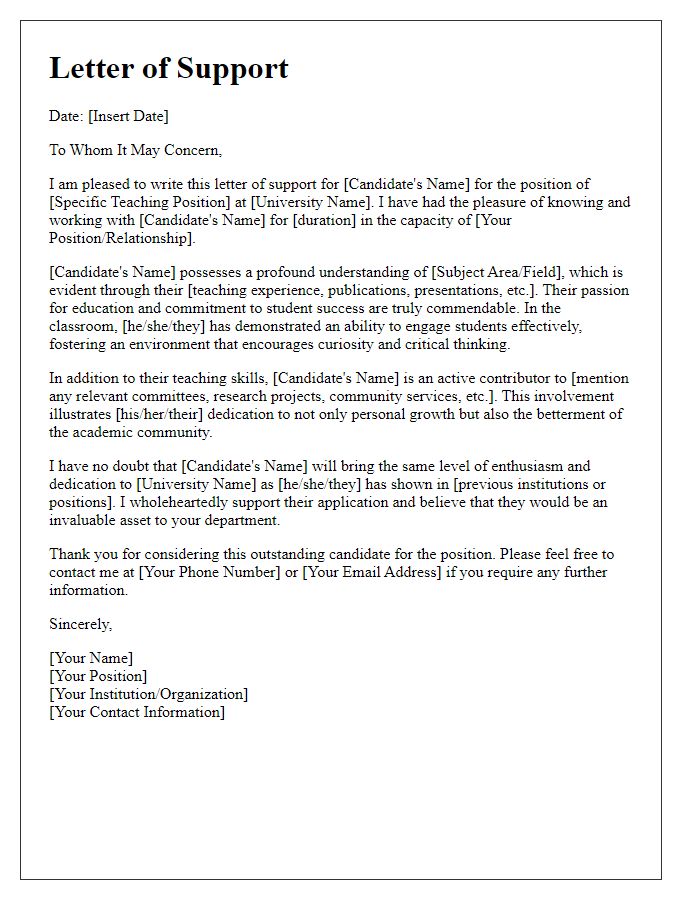 Letter template of support for university teaching position