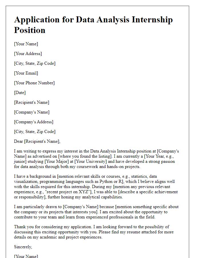 Letter template of internship program application for data analysis position