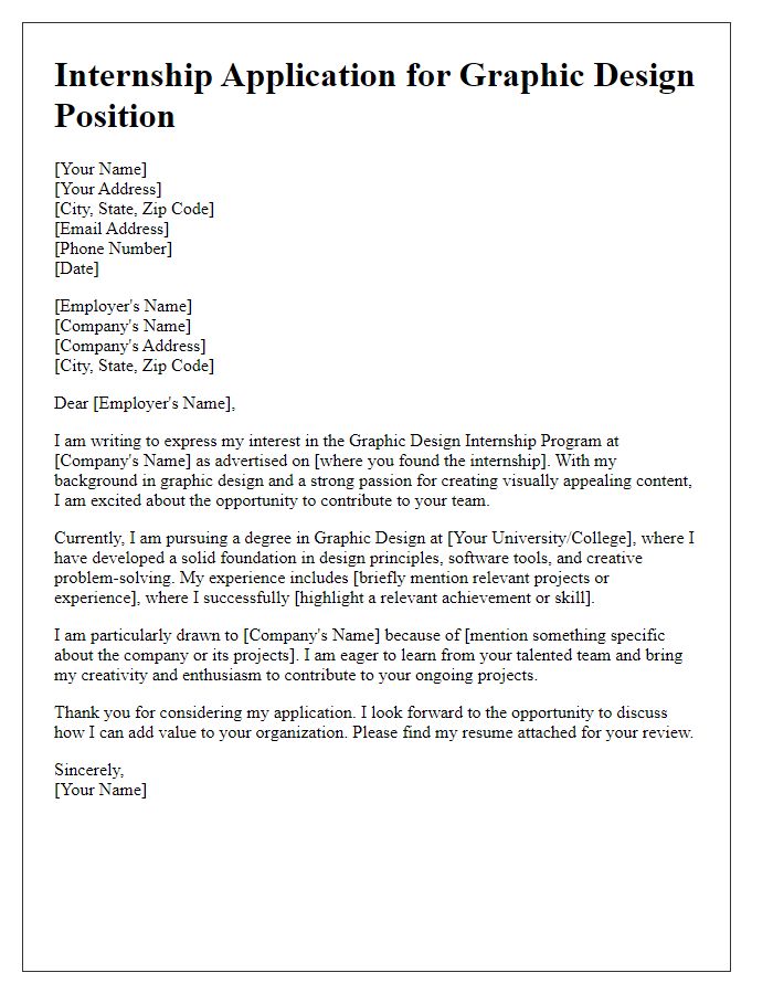 Letter template of internship program application for graphic design internship