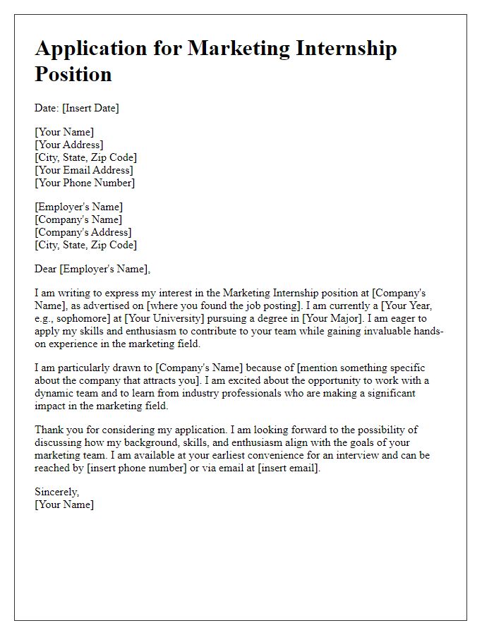 Letter template of internship program application for marketing position