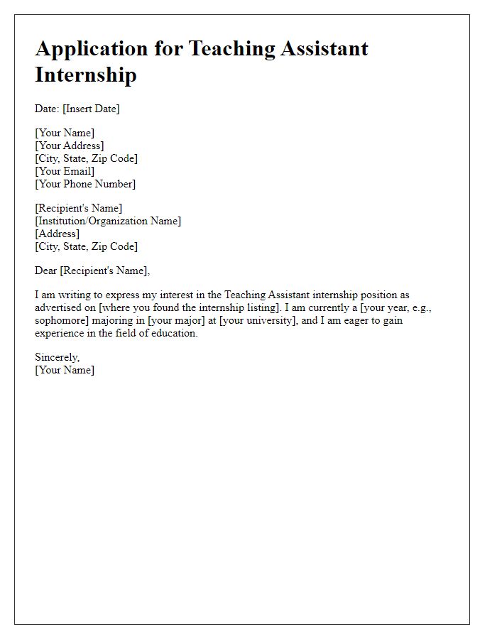 Letter template of internship program application for teaching assistant