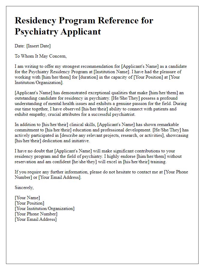 Letter template of residency program reference for psychiatry applicants