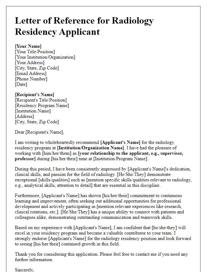 Letter template of residency program reference for radiology applicants