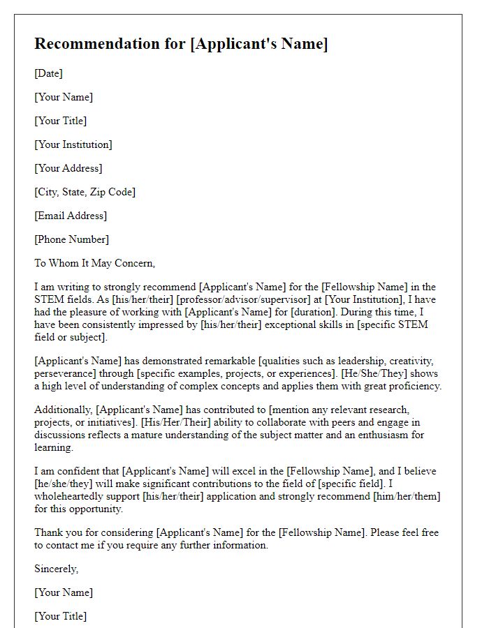 Letter template of fellowship application recommendation for STEM fields.