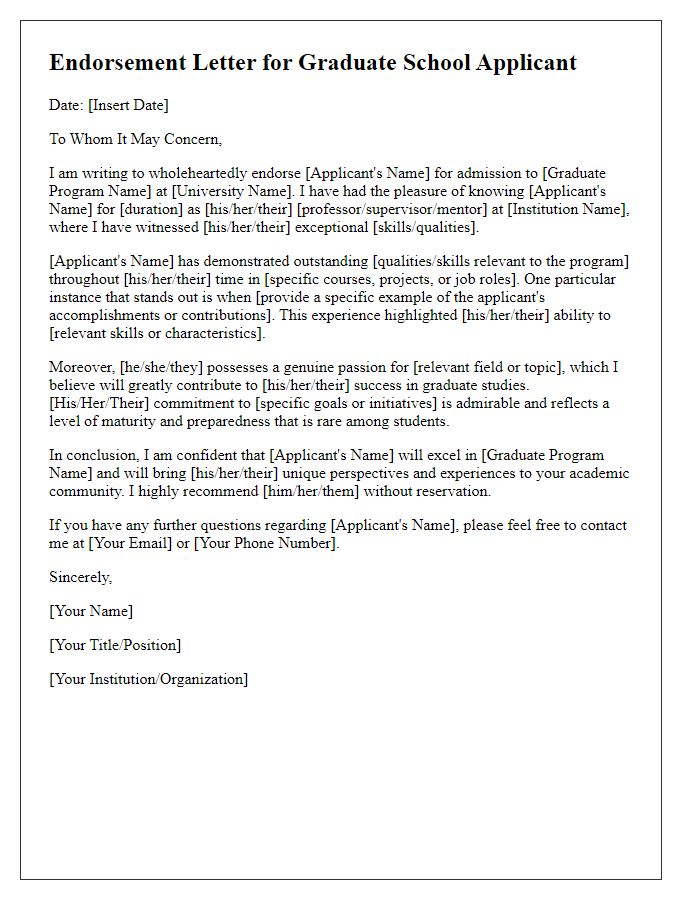 Letter template of endorsement for graduate school applicants