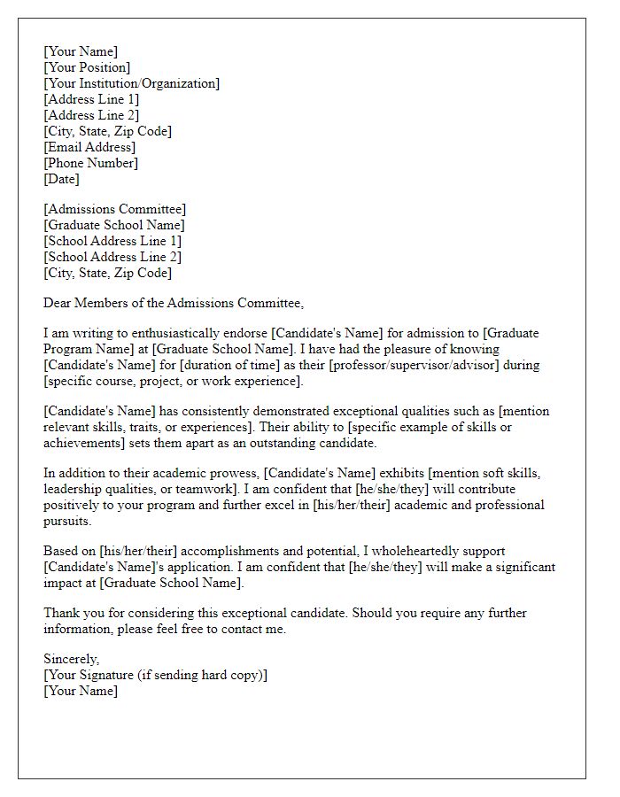 Letter template of endorsement for graduate school candidates