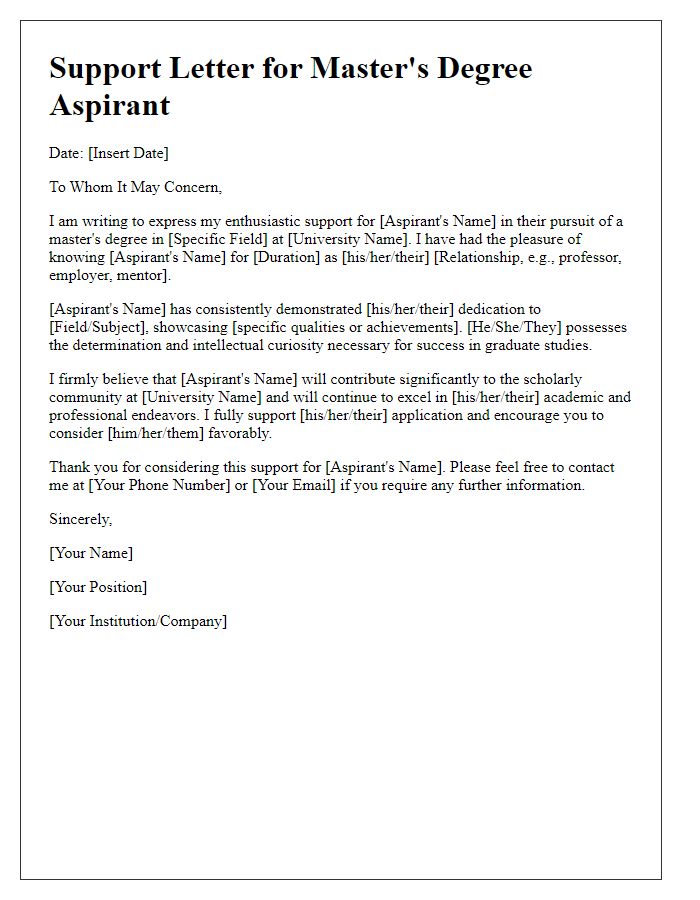 Letter template of support for master's degree aspirants