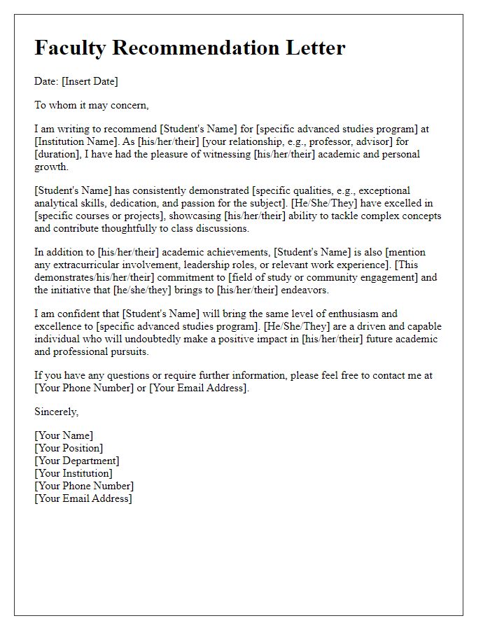 Letter template of faculty recommendation for advanced studies