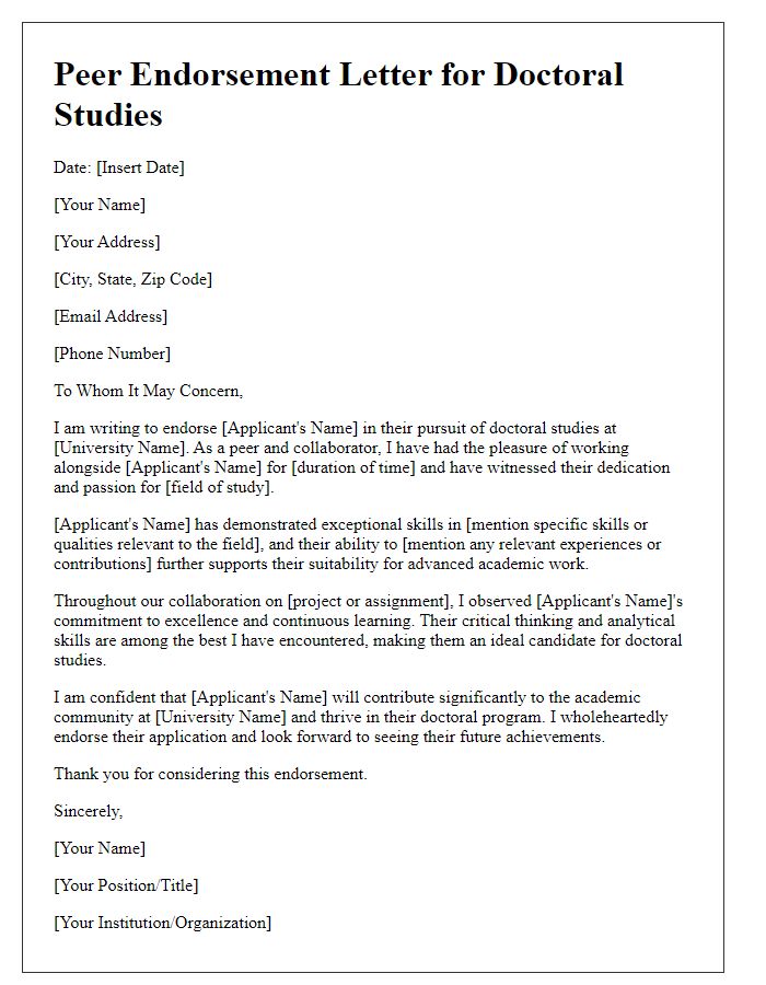 Letter template of peer endorsement for doctoral studies