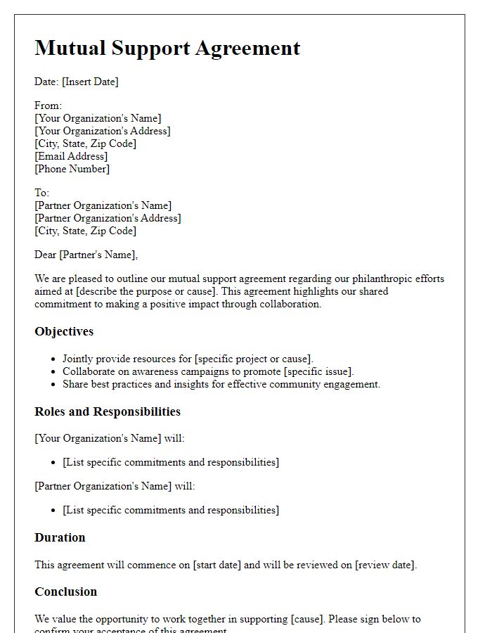 Letter template of mutual support agreement for philanthropic efforts