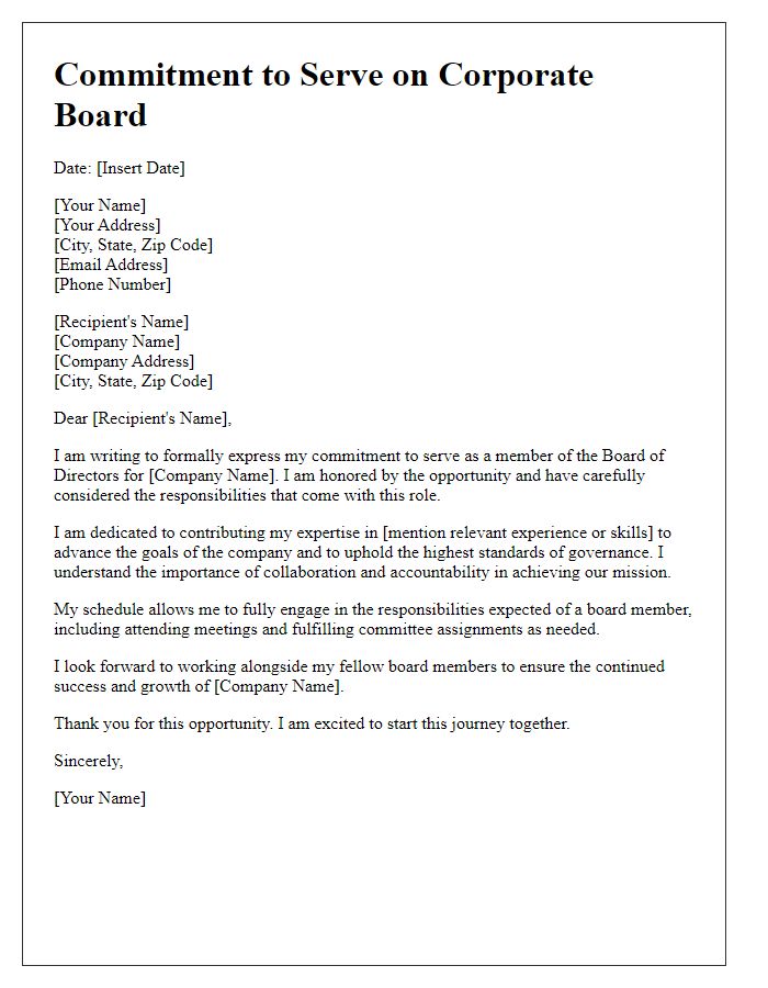 Letter template of commitment to serve on corporate board.