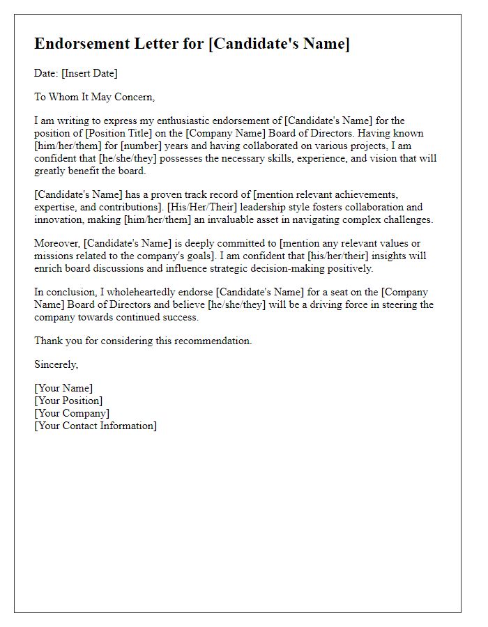 Letter template of endorsement for corporate board candidate.