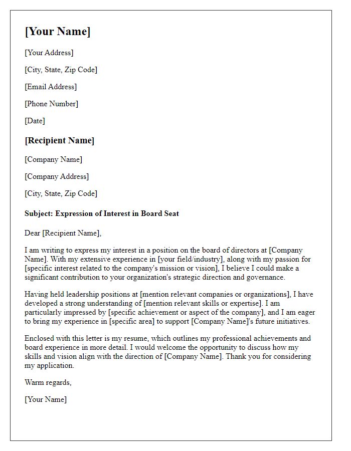 Letter template of expression of interest in a corporate board seat.