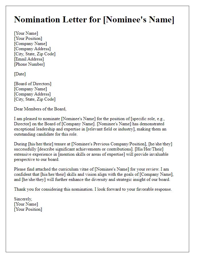 Letter template of nomination for corporate board role.