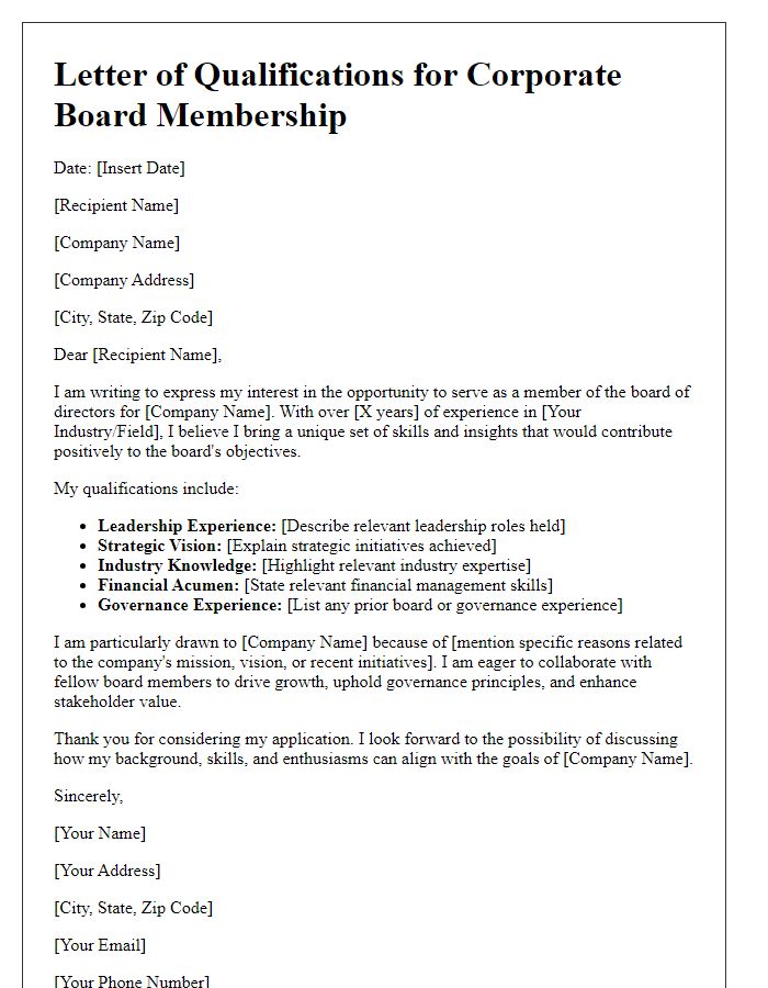 Letter template of qualifications for corporate board membership.