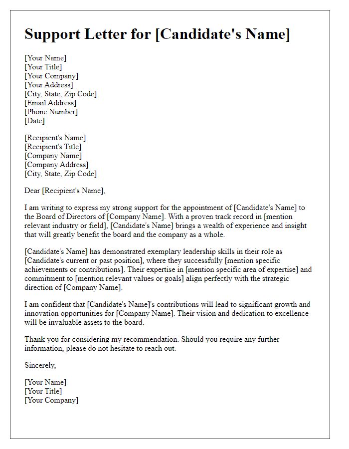 Letter template of support for corporate board appointment.