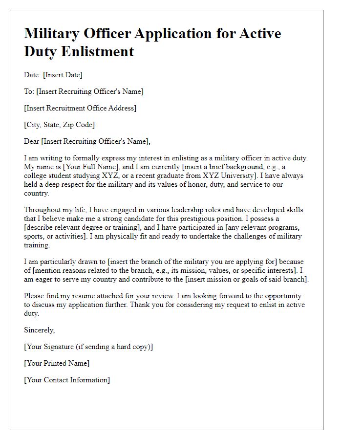 Letter template of military officer application for active duty enlistment.