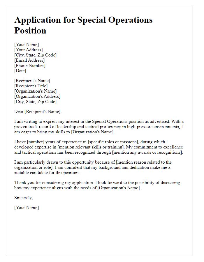 Letter template of military officer application for positions in special operations.