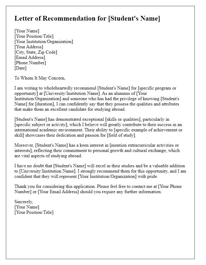 Letter template of alumni recommendation for studying abroad