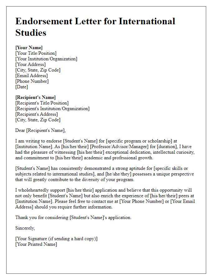 Letter template of professional endorsement for international studies