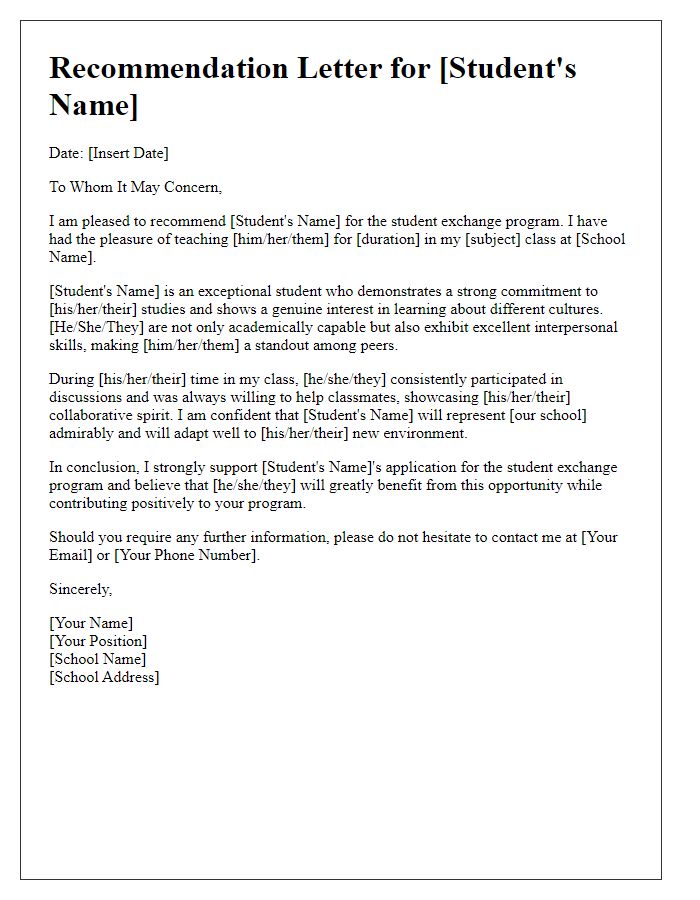 Letter template of teacher recommendation for student exchange program