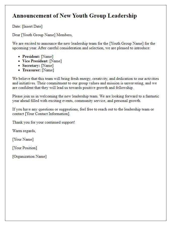 Letter template of Youth Group Leadership Announcement