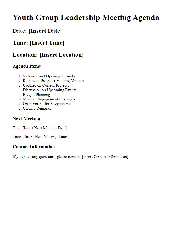 Letter template of Youth Group Leadership Meeting Agenda