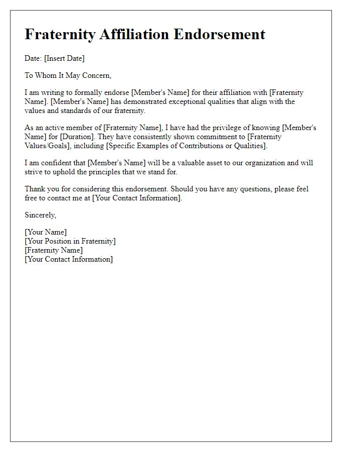 Letter template of fraternity affiliation endorsement.