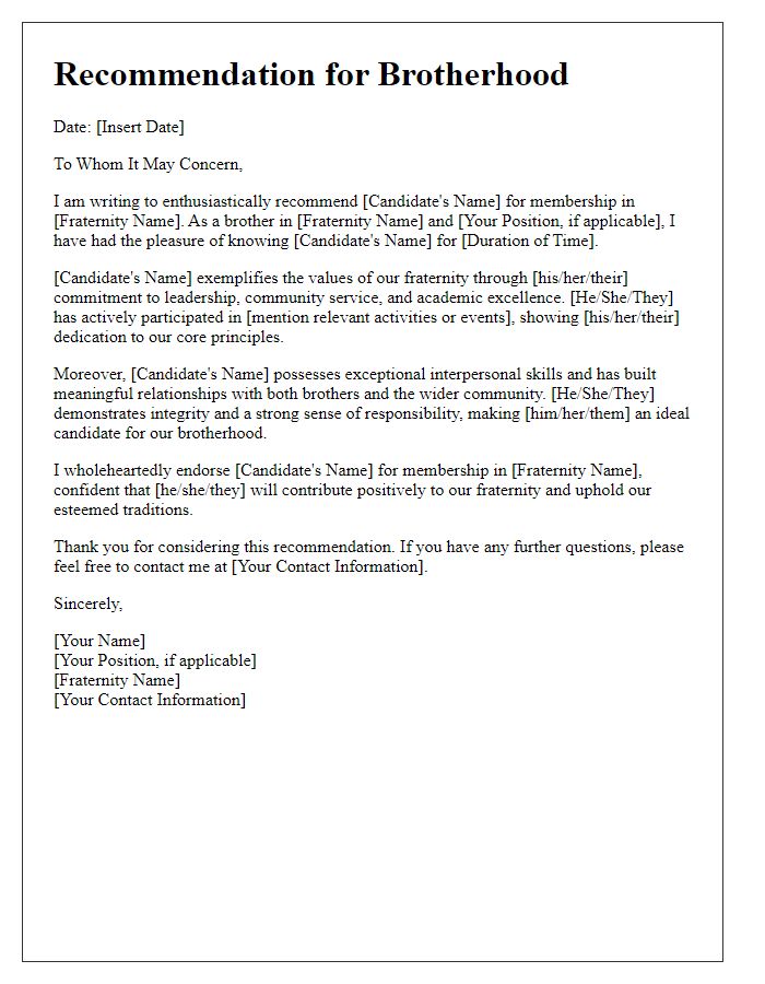 Letter template of fraternity brotherhood recommendation.