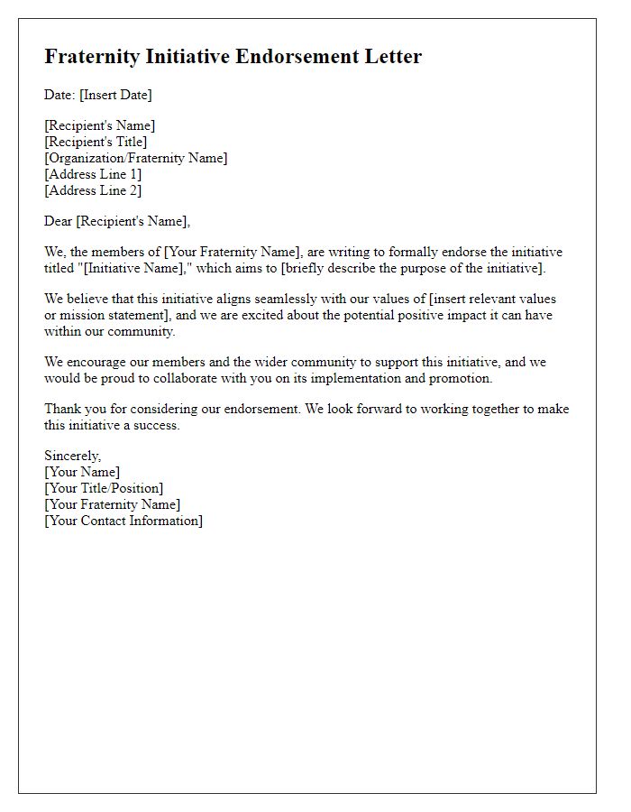 Letter template of fraternity initiative endorsement.