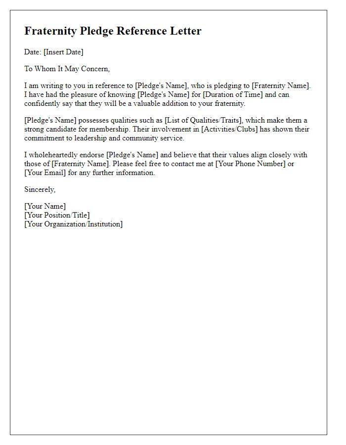 Letter template of fraternity pledge reference.