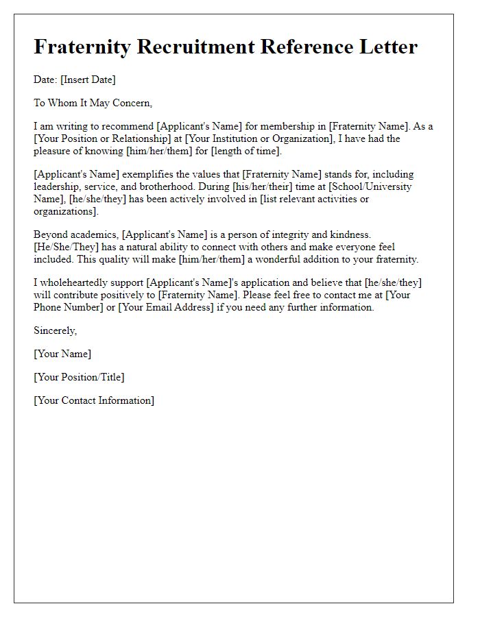 Letter template of fraternity recruitment reference.