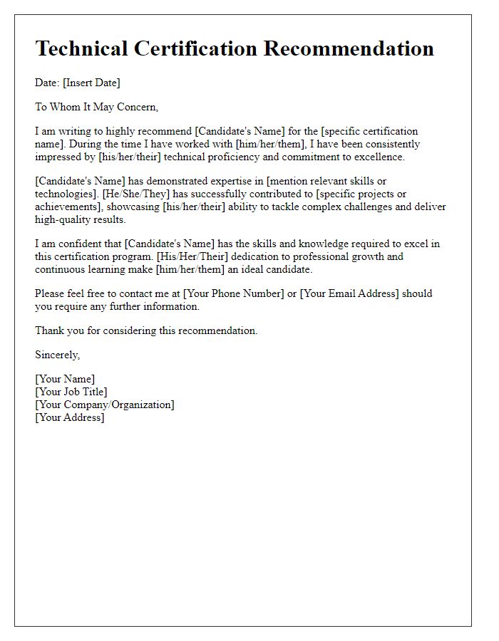 Letter template of technical certification recommendation.