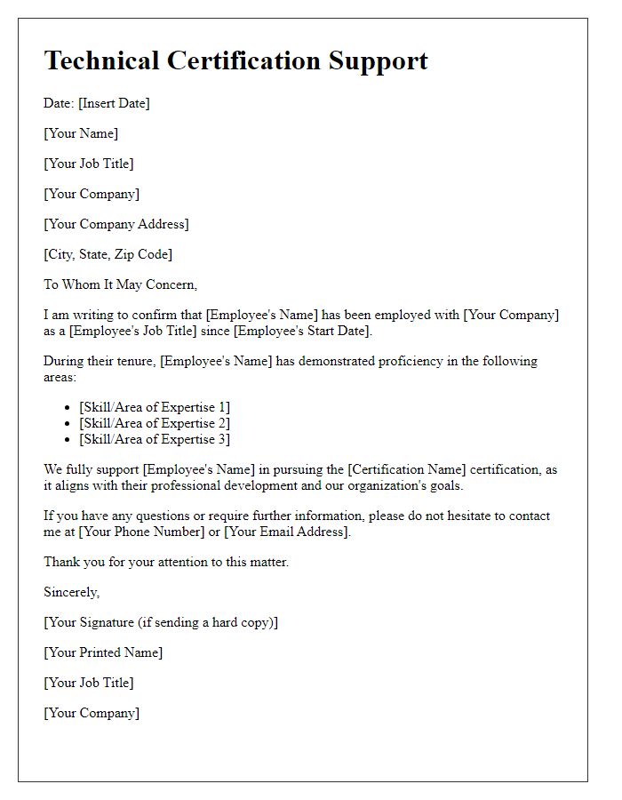 Letter template of technical certification support.