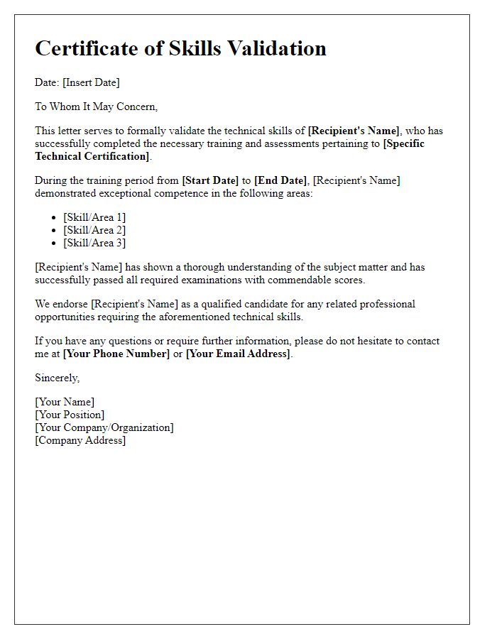 Letter template of validation for technical certification skills.