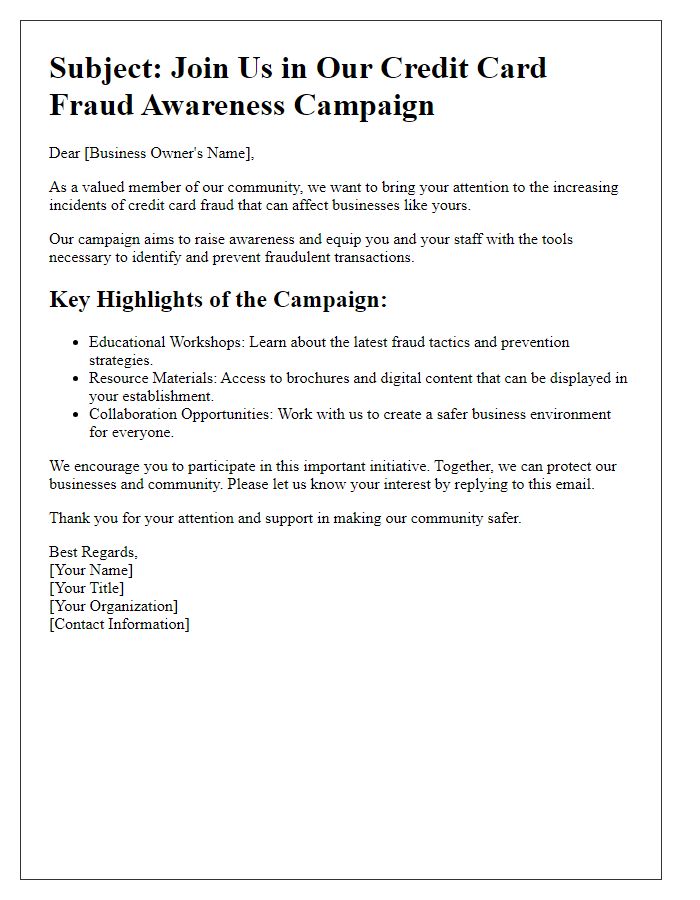 Letter template of credit card fraud awareness campaign for businesses